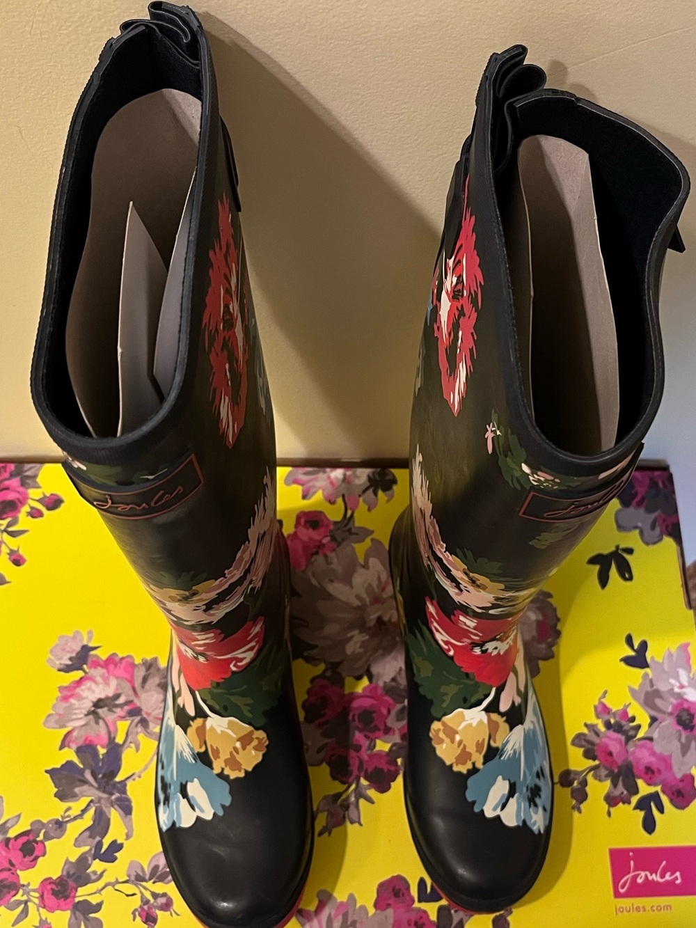 Joules Black Floral Tall Rain Boots